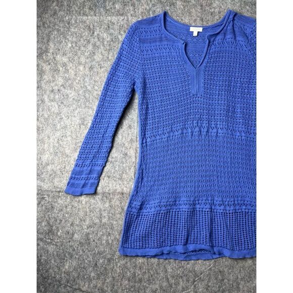 Talbots Sweater Women's Small Blue 100% Cotton Crochet Long Sleeve V-Neck Slit - Picture 9 of 10